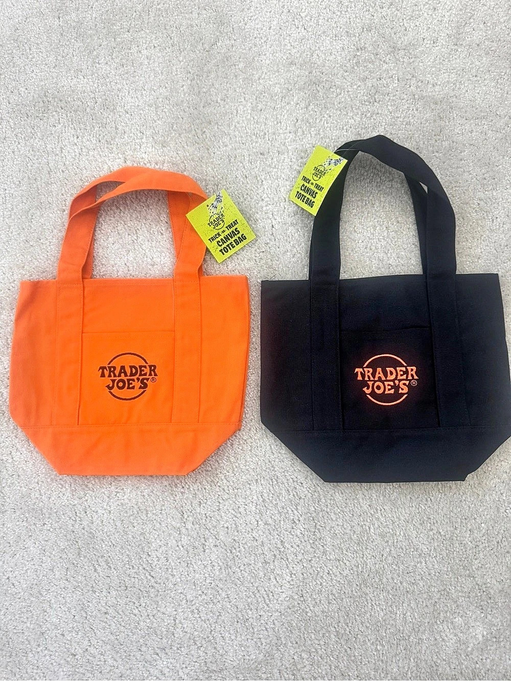 Trader Joe's Trick-or-Treat Mini Canvas Tote Bag Set of 2 Orange & Black - NWT